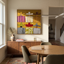 Six Brims Hold Mustard - six cowboy grid painting by Savannah Reed, modern folk art square wall art – styled room scene view 5
