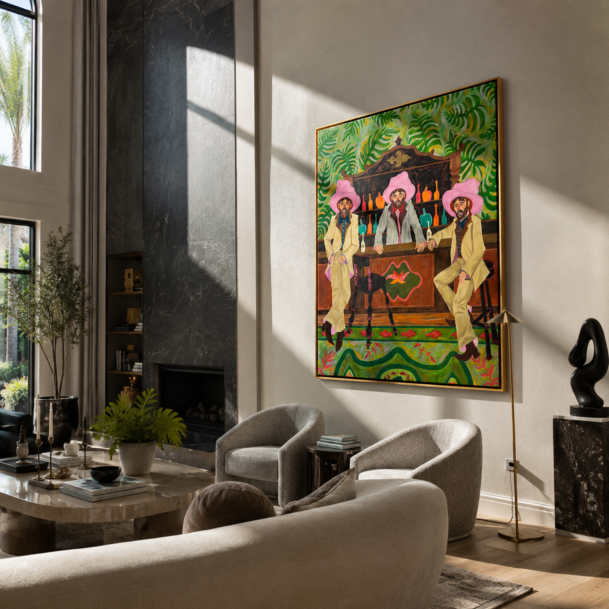 Pink Hats Guard Bottles - three cowboys barroom painting by Savannah Reed, modern folk art vertical wall art – styled room scene view 1