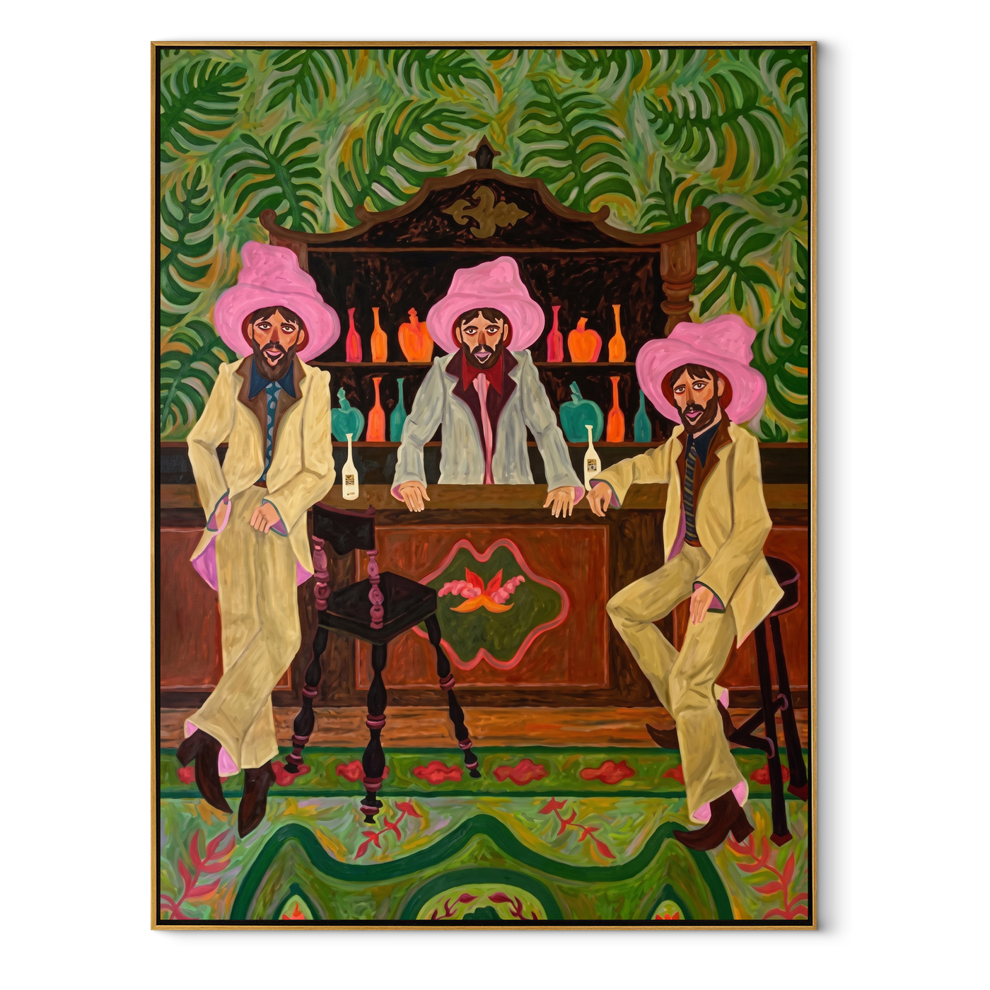 Pink Hats Guard Bottles - three cowboys barroom painting by Savannah Reed, modern folk art vertical wall art – wood frame on white background