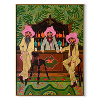 Pink Hats Guard Bottles - three cowboys barroom painting by Savannah Reed, modern folk art vertical wall art – wood frame on white background