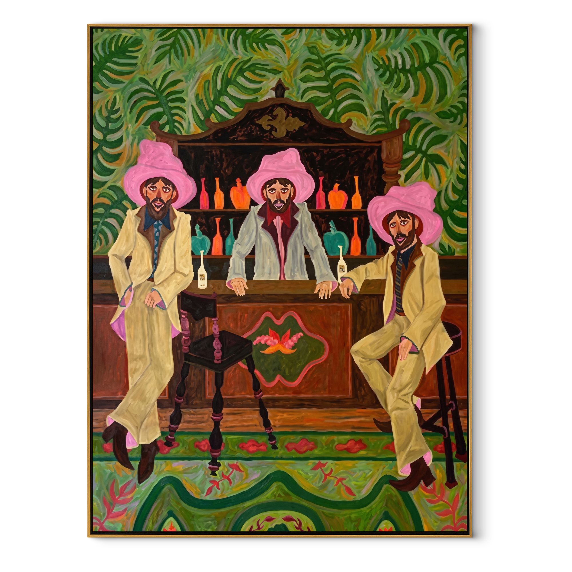 Pink Hats Guard Bottles - three cowboys barroom painting by Savannah Reed, modern folk art vertical wall art – wood frame on white background