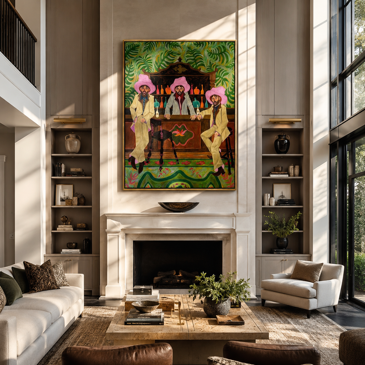 Pink Hats Guard Bottles - three cowboys barroom painting by Savannah Reed, modern folk art vertical wall art – styled room scene view 2
