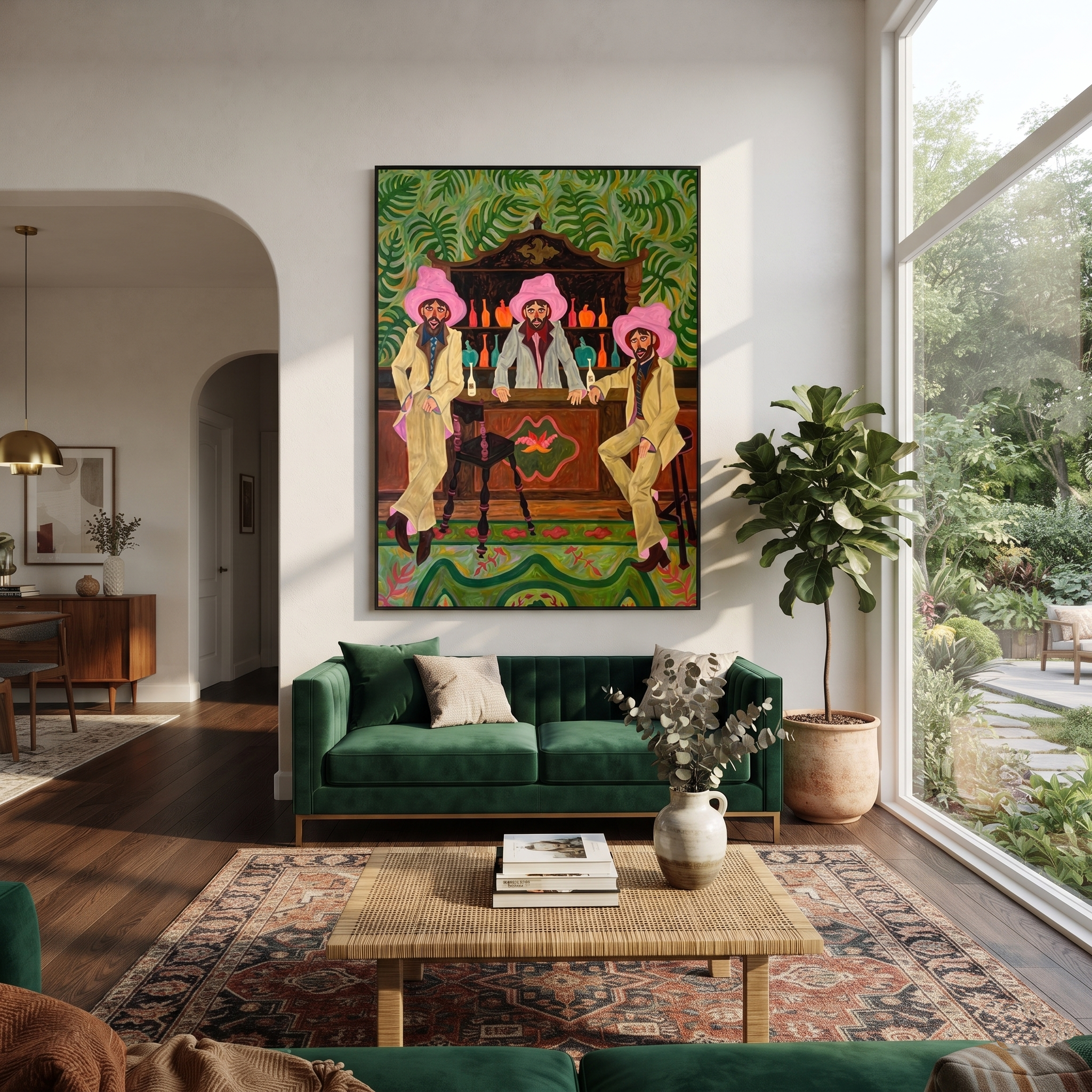 Pink Hats Guard Bottles - three cowboys barroom painting by Savannah Reed, modern folk art vertical wall art – styled room scene view 3