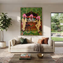 Pink Hats Guard Bottles - three cowboys barroom painting by Savannah Reed, modern folk art vertical wall art – styled room scene view 4