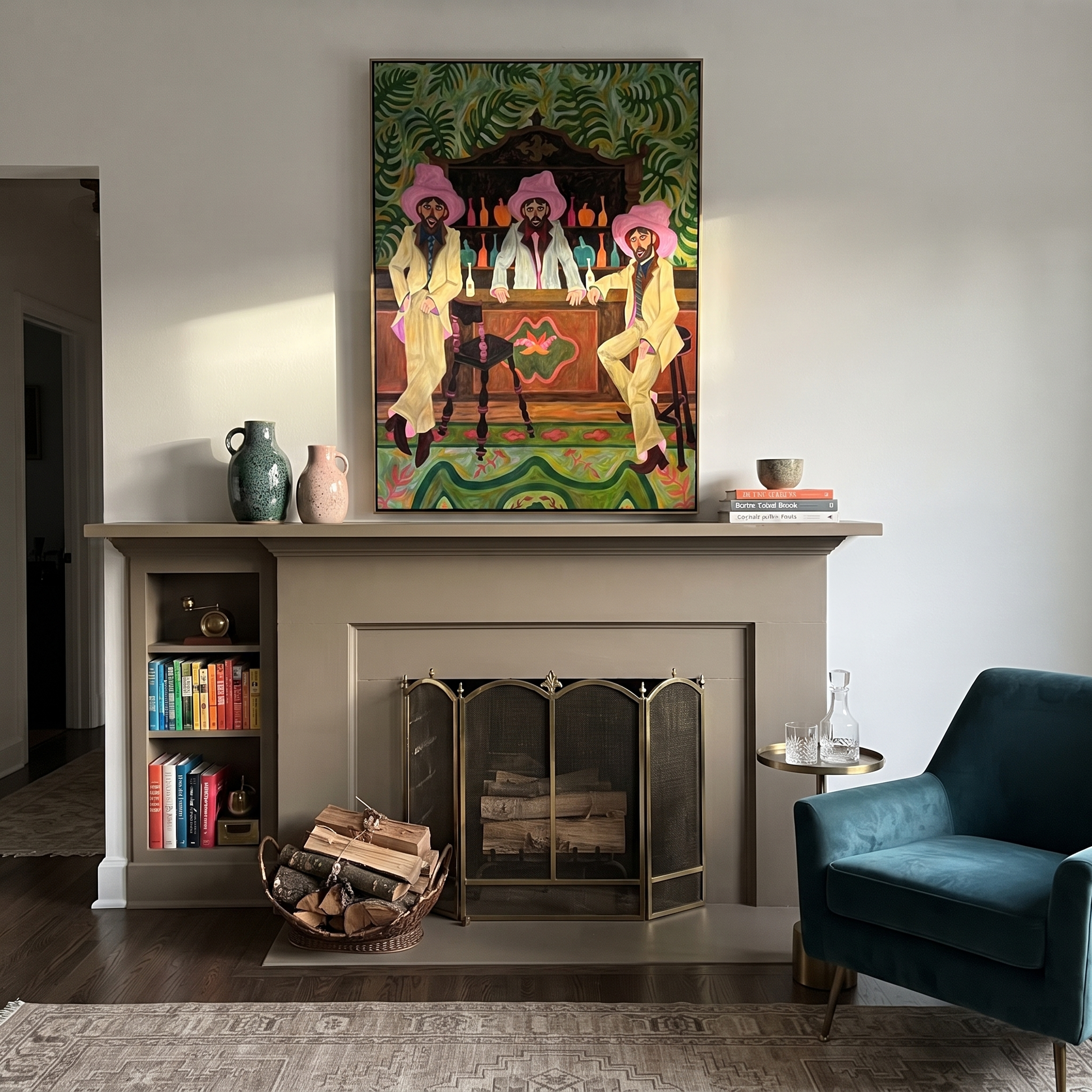 Pink Hats Guard Bottles - three cowboys barroom painting by Savannah Reed, modern folk art vertical wall art – styled room scene view 5