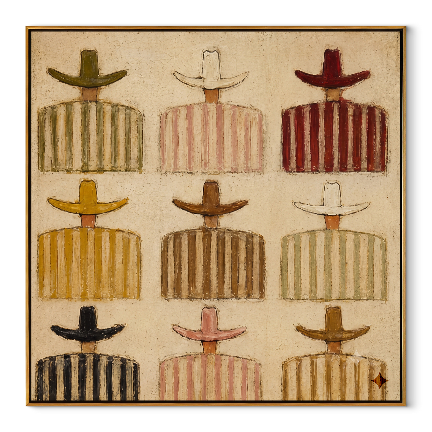 Nine Stripes Cross Sand - nine cowboy grid painting by Savannah Reed, modern folk art square wall art – wood frame on white background
