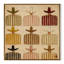 Nine Stripes Cross Sand - nine cowboy grid painting by Savannah Reed, modern folk art square wall art – wood frame on white background