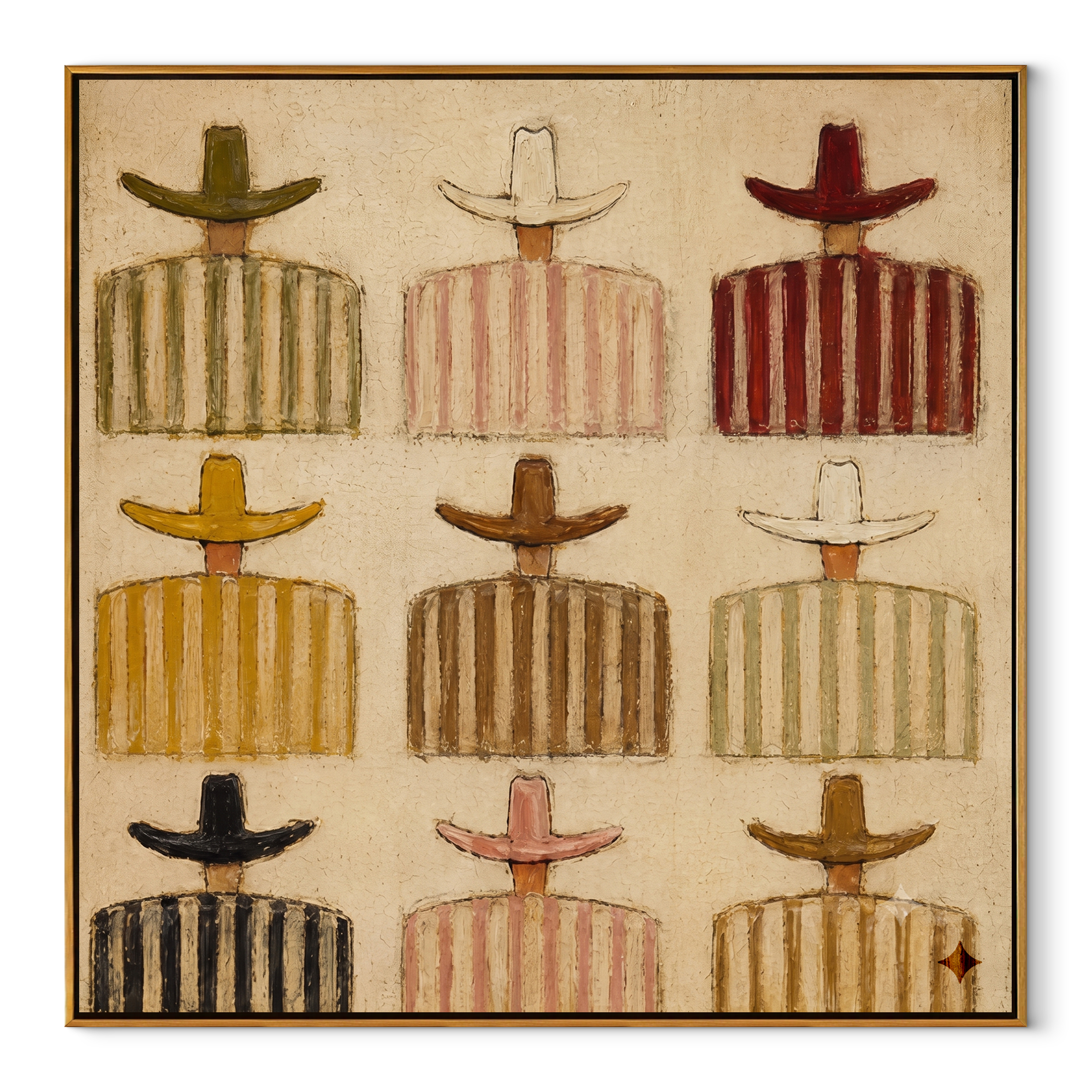 Nine Stripes Cross Sand - nine cowboy grid painting by Savannah Reed, modern folk art square wall art – wood frame on white background