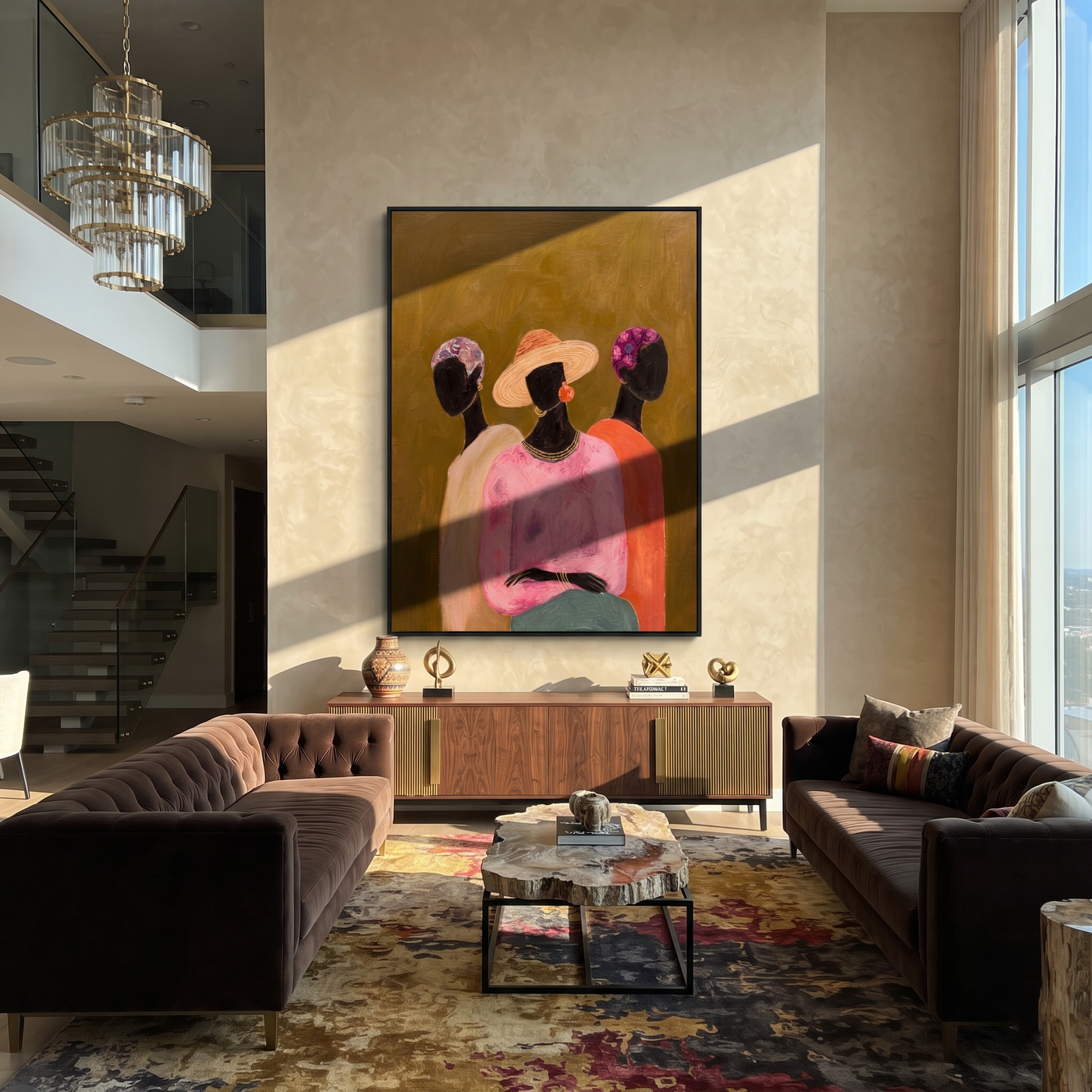 Three Florals Face Olive - three women floral portrait painting by Savannah Reed, modern folk art vertical wall art – styled room scene view 1