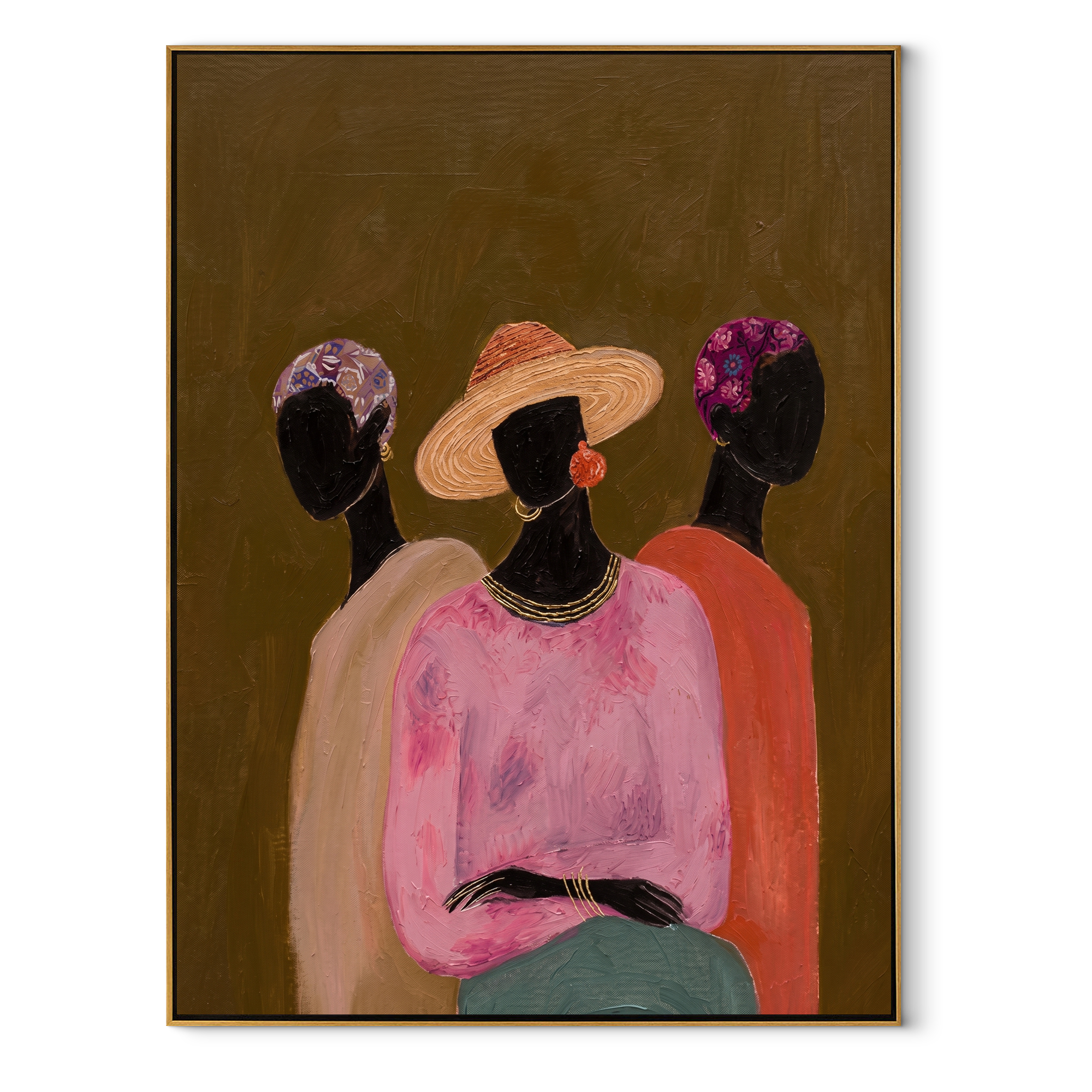 Three Florals Face Olive - three women floral portrait painting by Savannah Reed, modern folk art vertical wall art – wood frame on white background
