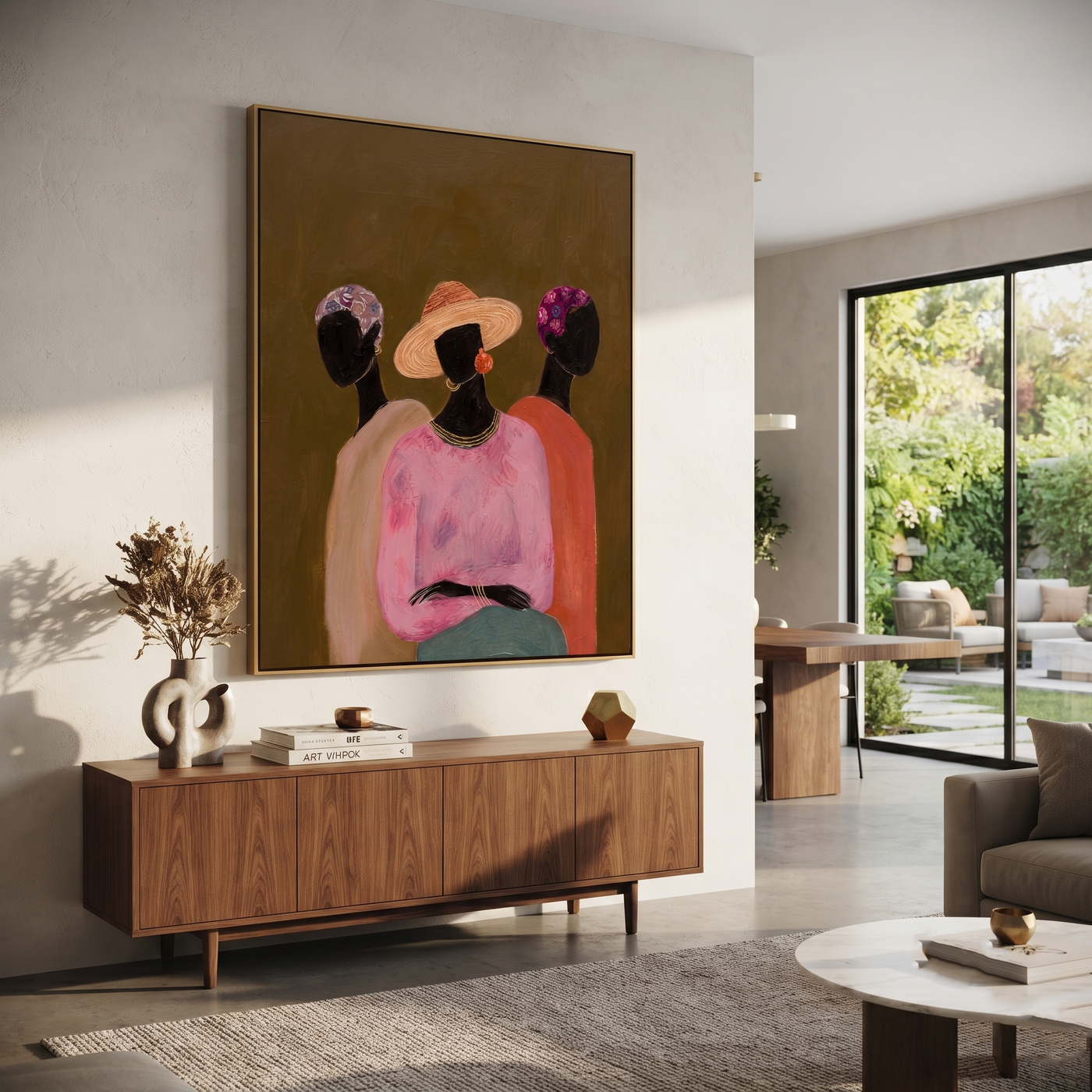 Three Florals Face Olive - three women floral portrait painting by Savannah Reed, modern folk art vertical wall art – styled room scene view 2