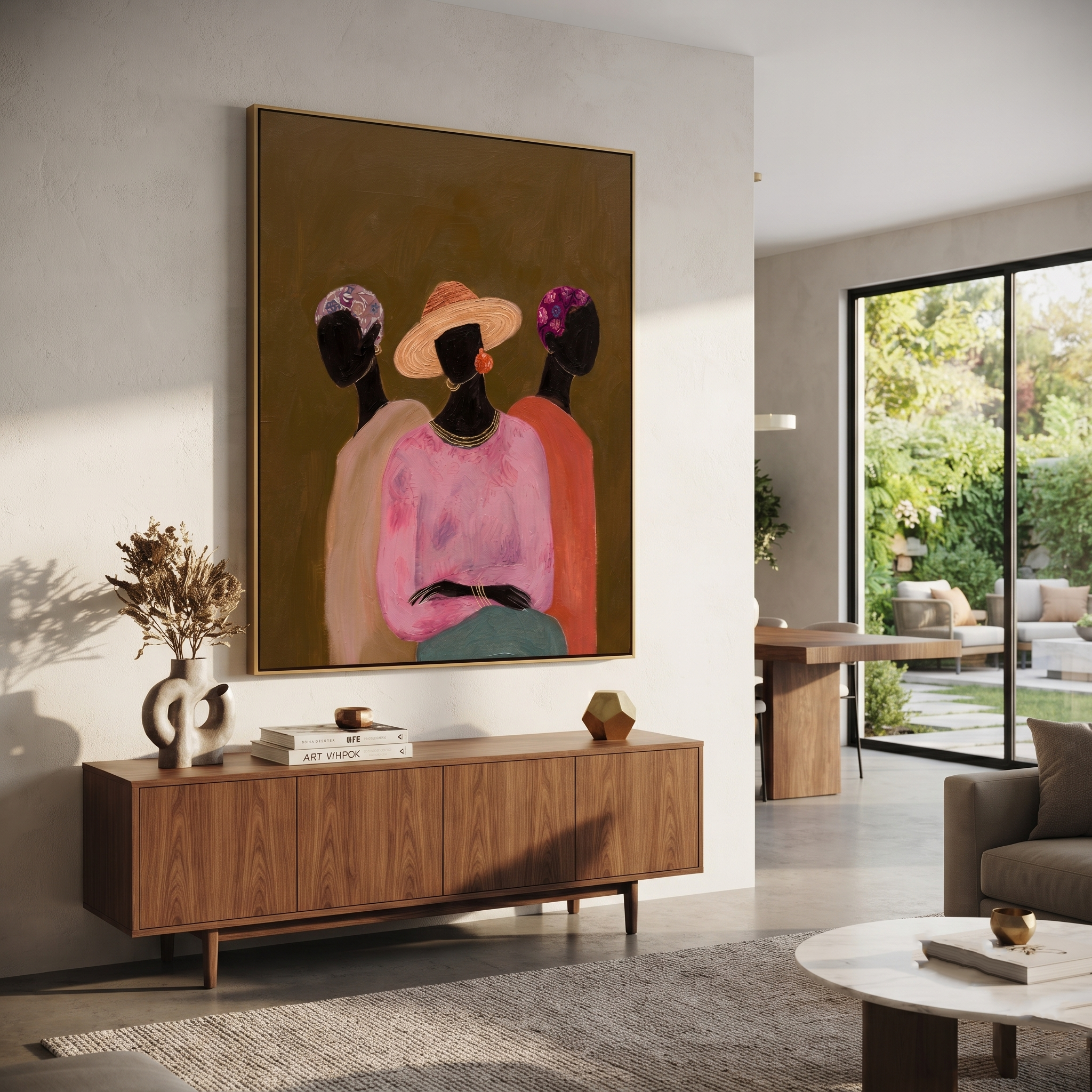 Three Florals Face Olive - three women floral portrait painting by Savannah Reed, modern folk art vertical wall art – styled room scene view 2