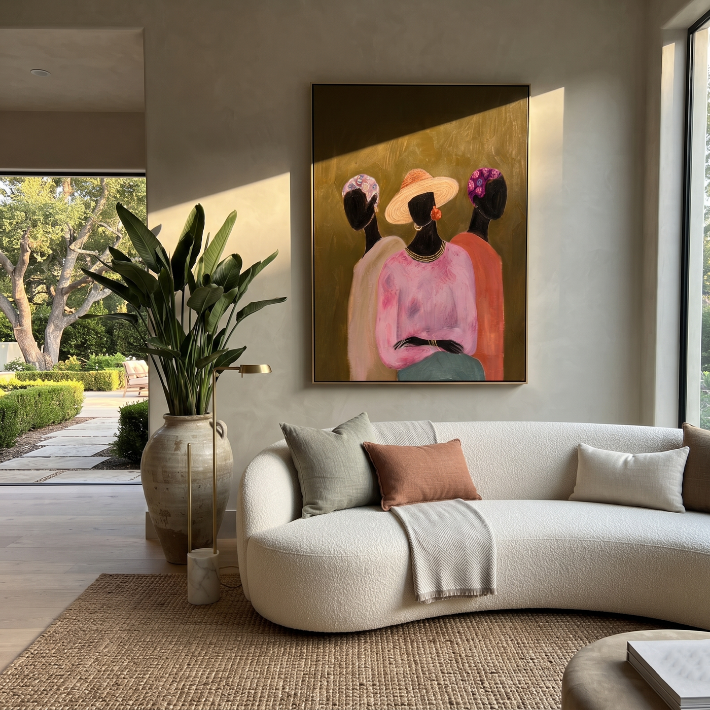 Three Florals Face Olive - three women floral portrait painting by Savannah Reed, modern folk art vertical wall art – styled room scene view 3