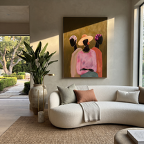 Three Florals Face Olive - three women floral portrait painting by Savannah Reed, modern folk art vertical wall art – styled room scene view 3