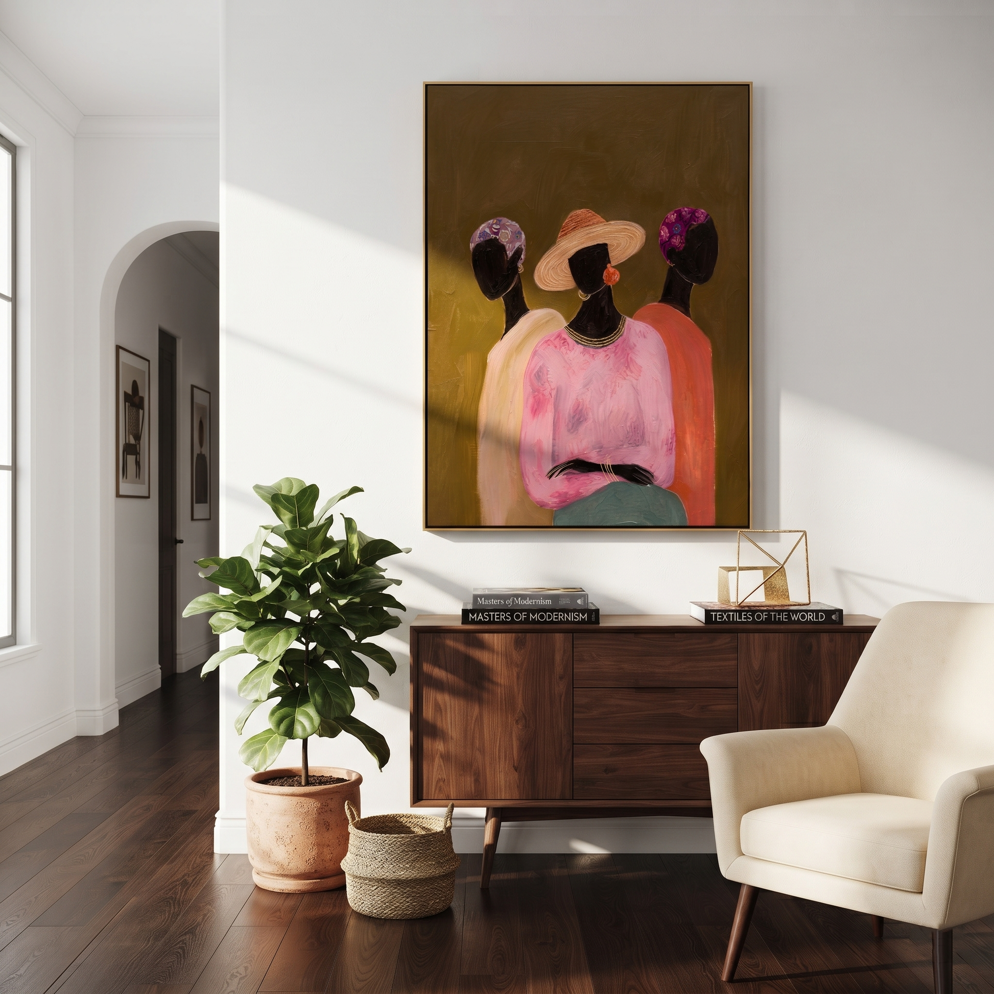 Three Florals Face Olive - three women floral portrait painting by Savannah Reed, modern folk art vertical wall art – styled room scene view 4