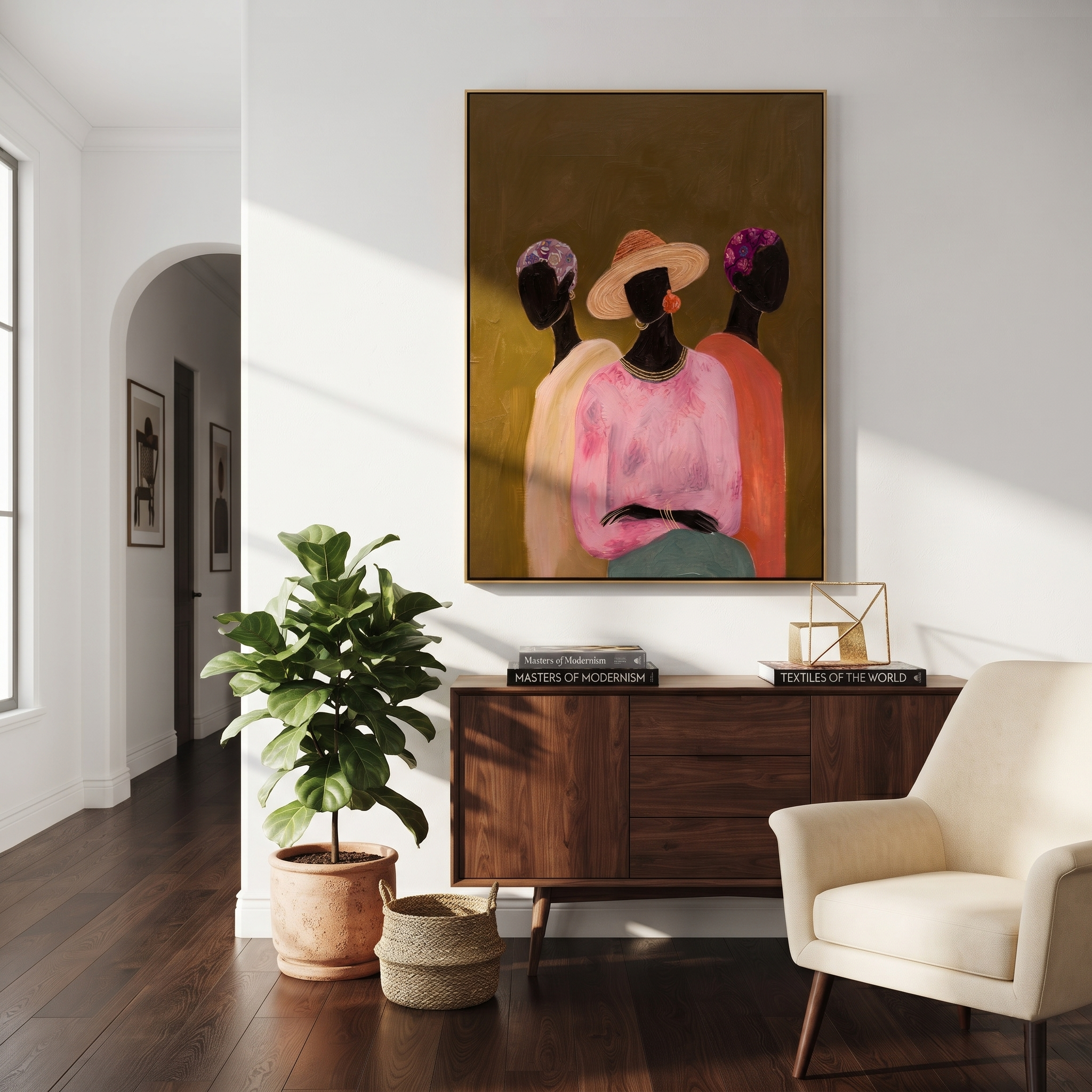 Three Florals Face Olive - three women floral portrait painting by Savannah Reed, modern folk art vertical wall art – styled room scene view 4