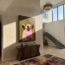 Three Florals Face Olive - three women floral portrait painting by Savannah Reed, modern folk art vertical wall art – styled room scene view 5