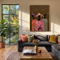 Pink Florals Gather Close - three women floral portrait painting by Savannah Reed, modern folk art vertical wall art – styled room scene view 1