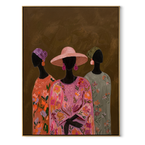 Pink Florals Gather Close - three women floral portrait painting by Savannah Reed, modern folk art vertical wall art – wood frame on white background