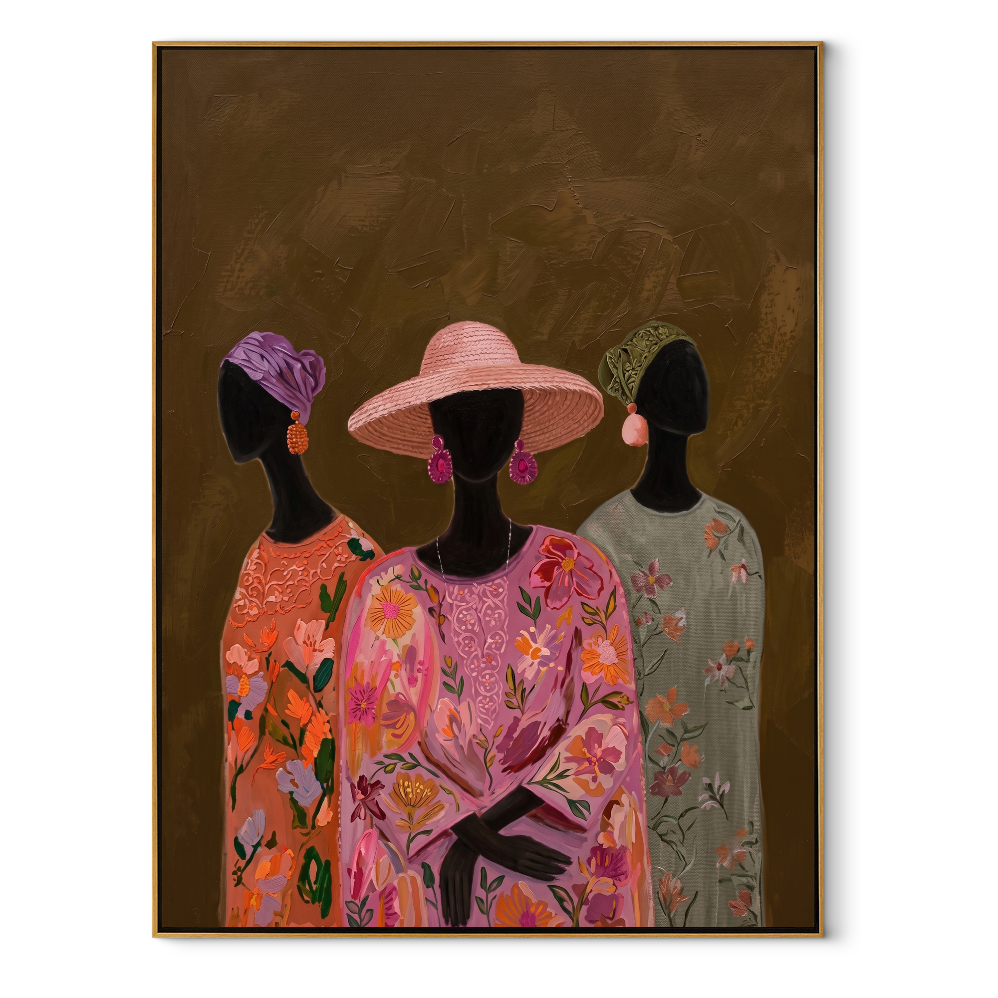 Pink Florals Gather Close - three women floral portrait painting by Savannah Reed, modern folk art vertical wall art – wood frame on white background