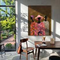 Pink Florals Gather Close - three women floral portrait painting by Savannah Reed, modern folk art vertical wall art – styled room scene view 2