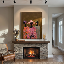 Pink Florals Gather Close - three women floral portrait painting by Savannah Reed, modern folk art vertical wall art – styled room scene view 3