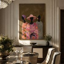 Pink Florals Gather Close - three women floral portrait painting by Savannah Reed, modern folk art vertical wall art – styled room scene view 4