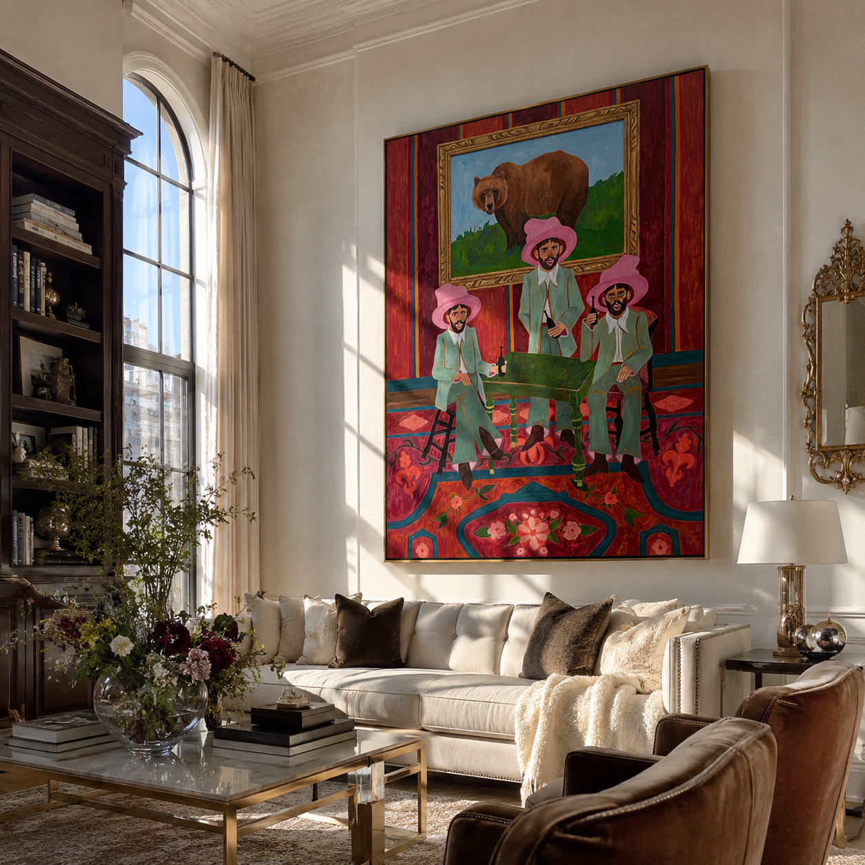 Bear Watches Pink Company - three cowboys and bear painting by Savannah Reed, modern folk art vertical wall art – styled room scene view 1