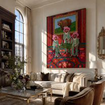Bear Watches Pink Company - three cowboys and bear painting by Savannah Reed, modern folk art vertical wall art – styled room scene view 1