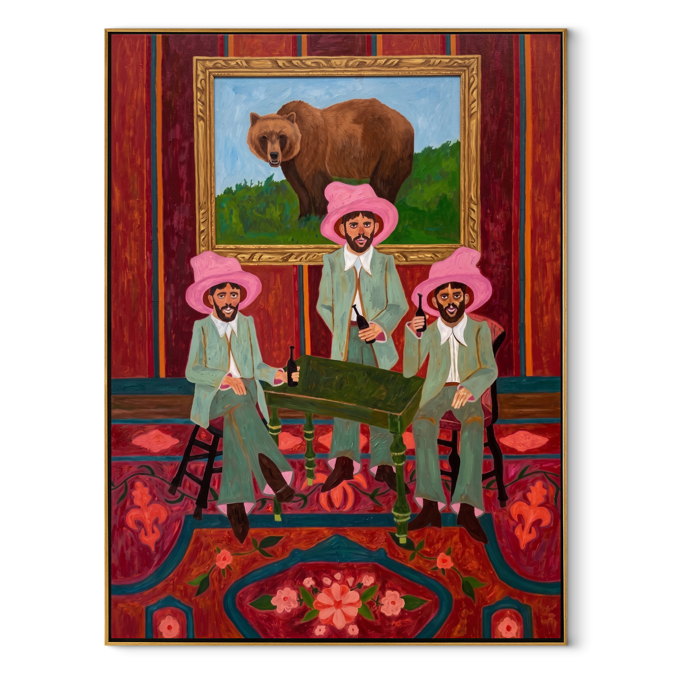 Bear Watches Pink Company - three cowboys and bear painting by Savannah Reed, modern folk art vertical wall art – wood frame on white background