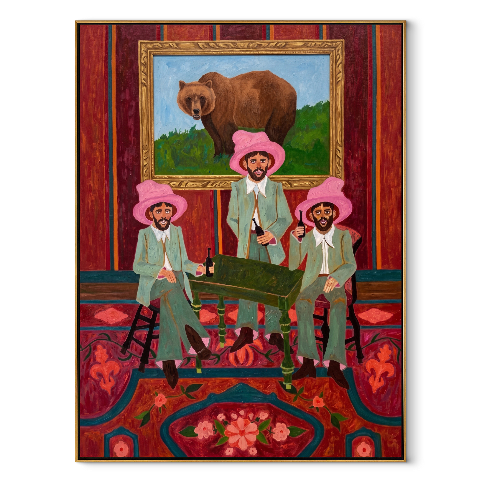 Bear Watches Pink Company - three cowboys and bear painting by Savannah Reed, modern folk art vertical wall art – wood frame on white background