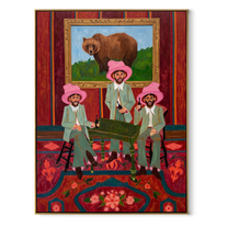 Bear Watches Pink Company - three cowboys and bear painting by Savannah Reed, modern folk art vertical wall art – wood frame on white background