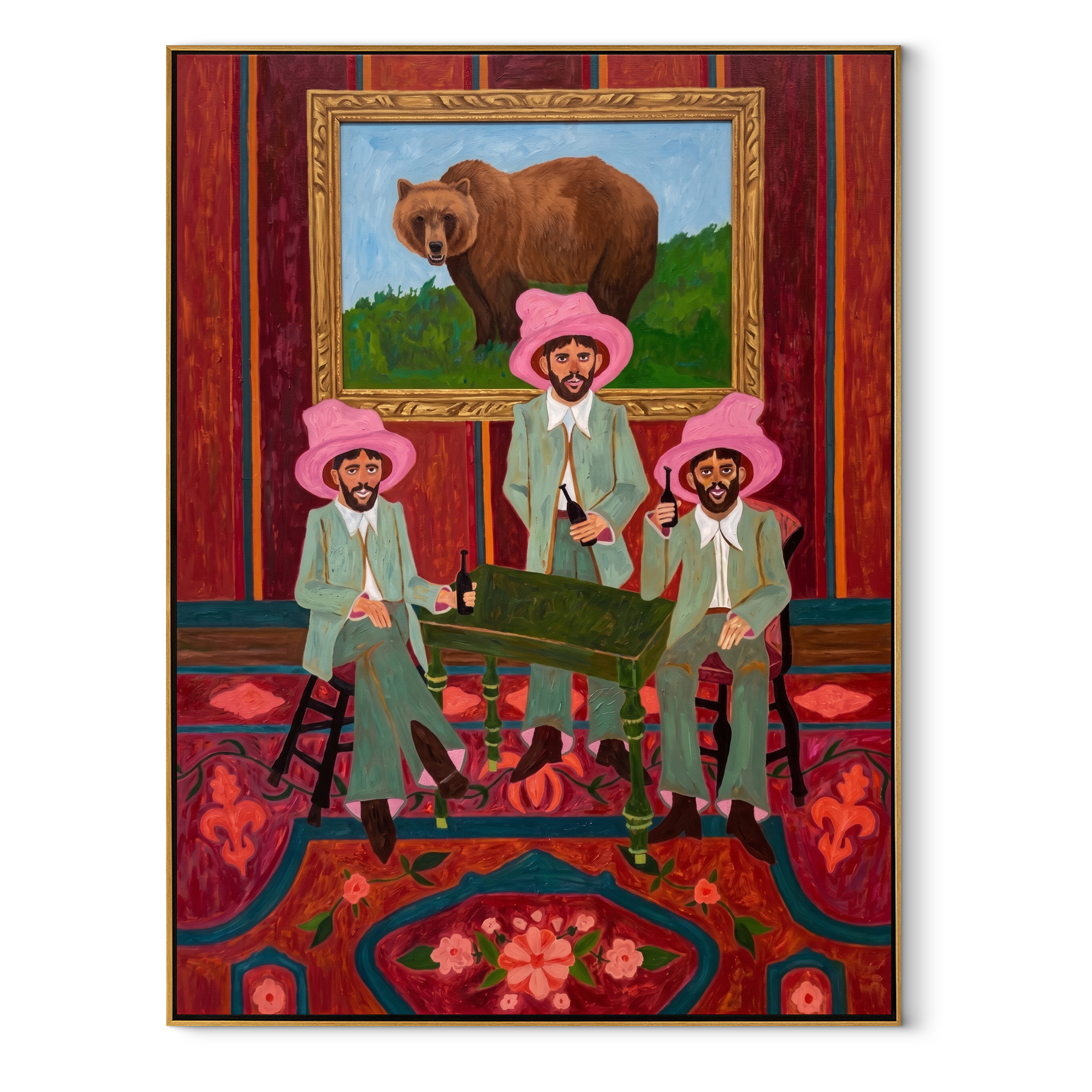 Bear Watches Pink Company - three cowboys and bear painting by Savannah Reed, modern folk art vertical wall art – wood frame on white background