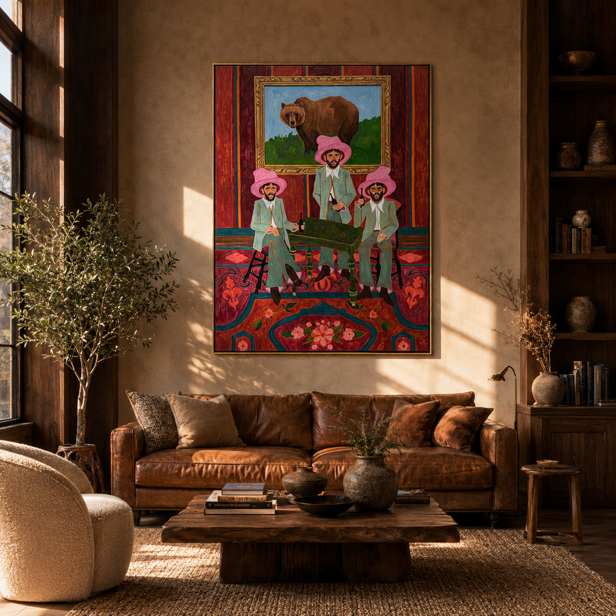 Bear Watches Pink Company - three cowboys and bear painting by Savannah Reed, modern folk art vertical wall art – styled room scene view 2