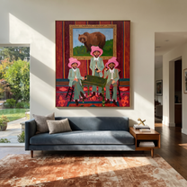 Bear Watches Pink Company - three cowboys and bear painting by Savannah Reed, modern folk art vertical wall art – styled room scene view 4