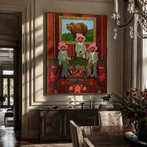 Bear Watches Pink Company - three cowboys and bear painting by Savannah Reed, modern folk art vertical wall art – styled room scene view 5