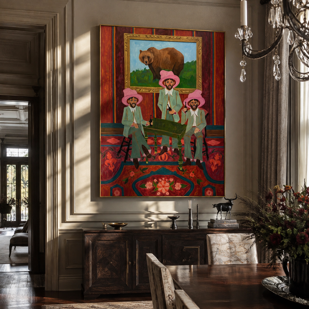 Bear Watches Pink Company - three cowboys and bear painting by Savannah Reed, modern folk art vertical wall art – styled room scene view 5