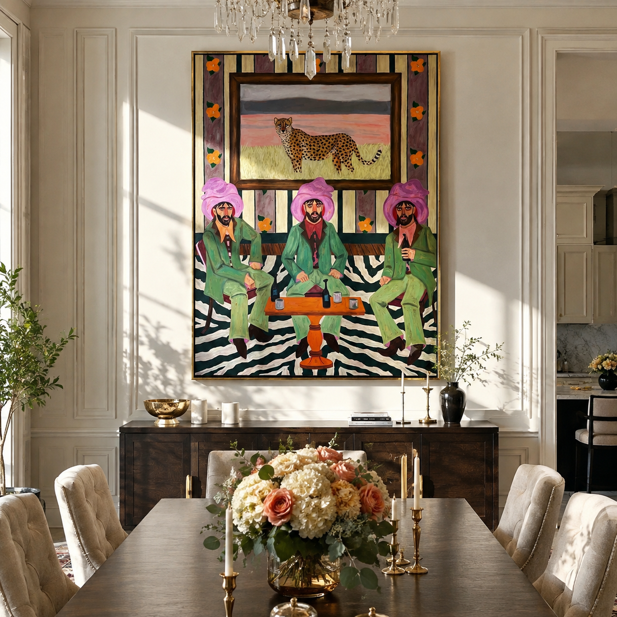 Cheetah Watches Green Company - three cowboys and cheetah painting by Savannah Reed, modern folk art vertical wall art – styled room scene view 1