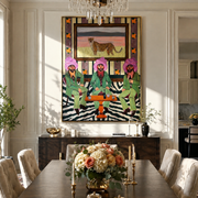 Cheetah Watches Green Company - three cowboys and cheetah painting by Savannah Reed, modern folk art vertical wall art – styled room scene view 1