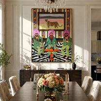 Cheetah Watches Green Company - three cowboys and cheetah painting by Savannah Reed, modern folk art vertical wall art – styled room scene view 1