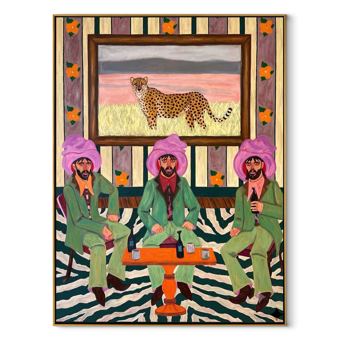 Cheetah Watches Green Company - three cowboys and cheetah painting by Savannah Reed, modern folk art vertical wall art – wood frame on white background