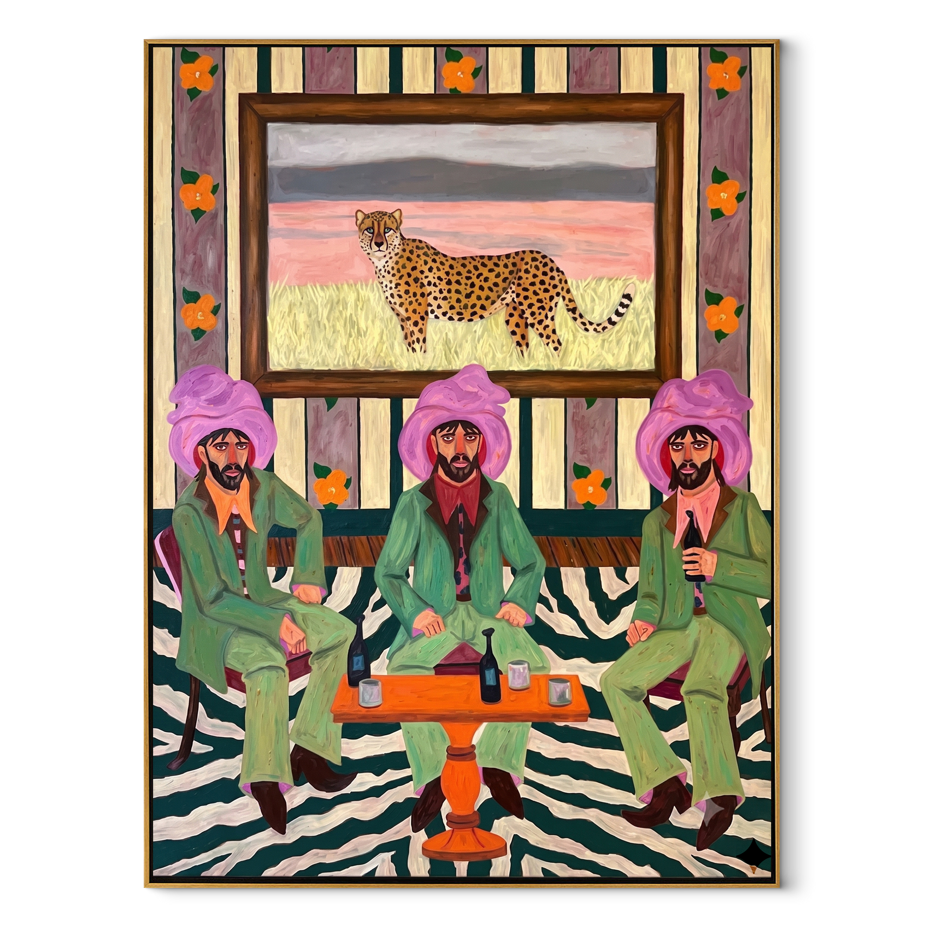 Cheetah Watches Green Company - three cowboys and cheetah painting by Savannah Reed, modern folk art vertical wall art – wood frame on white background