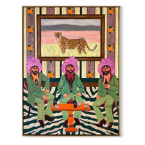 Cheetah Watches Green Company - three cowboys and cheetah painting by Savannah Reed, modern folk art vertical wall art – wood frame on white background