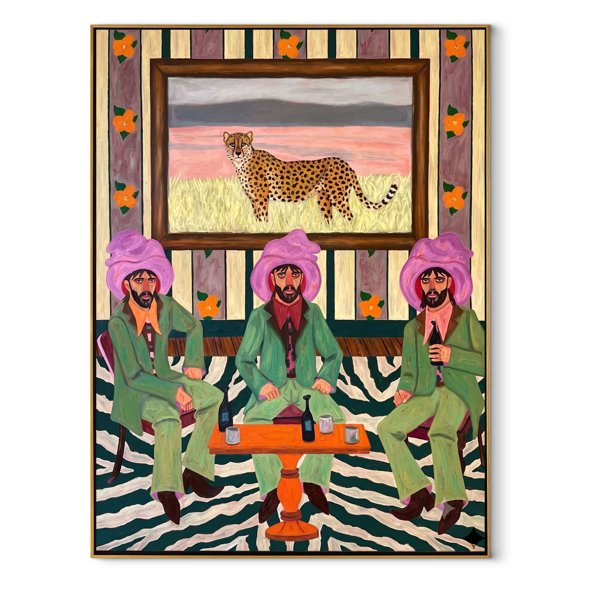 Cheetah Watches Green Company - three cowboys and cheetah painting by Savannah Reed, modern folk art vertical wall art – wood frame on white background