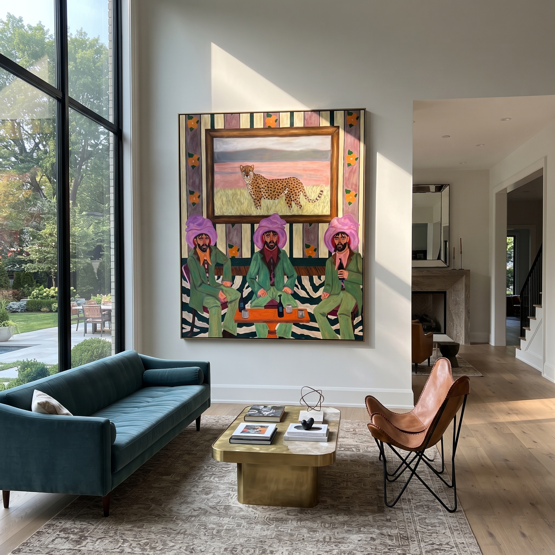 Cheetah Watches Green Company - three cowboys and cheetah painting by Savannah Reed, modern folk art vertical wall art – styled room scene view 2