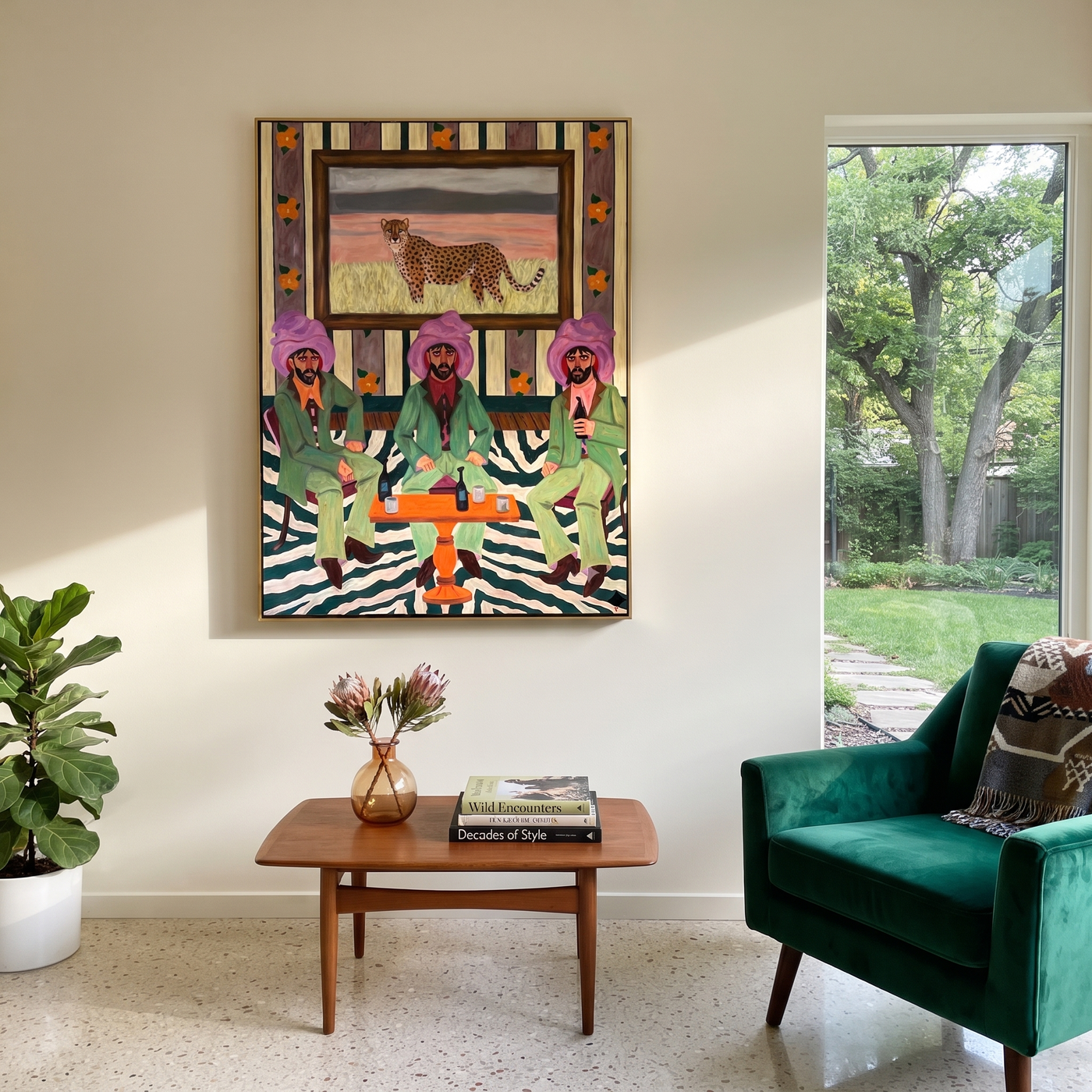 Cheetah Watches Green Company - three cowboys and cheetah painting by Savannah Reed, modern folk art vertical wall art – styled room scene view 3