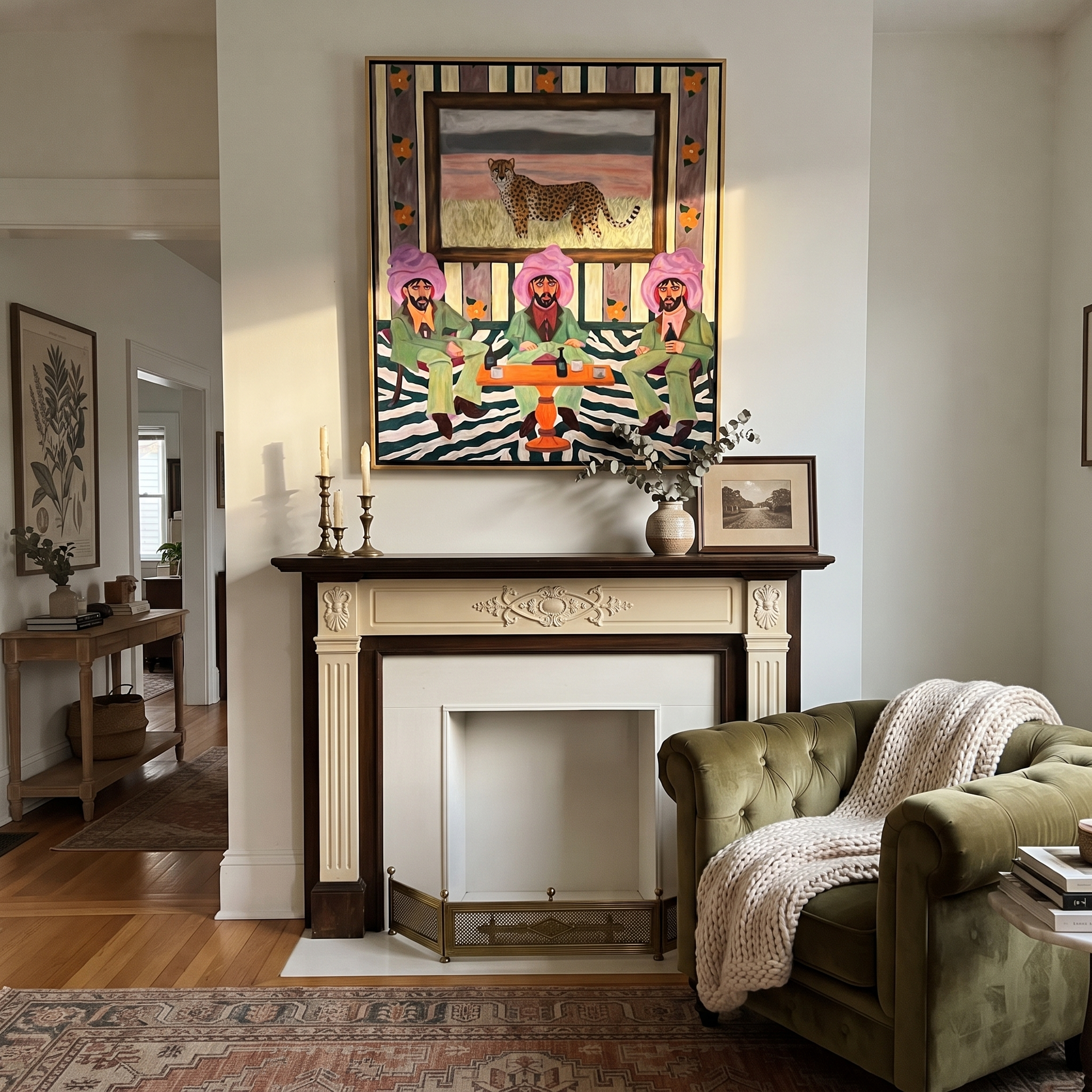 Cheetah Watches Green Company - three cowboys and cheetah painting by Savannah Reed, modern folk art vertical wall art – styled room scene view 4