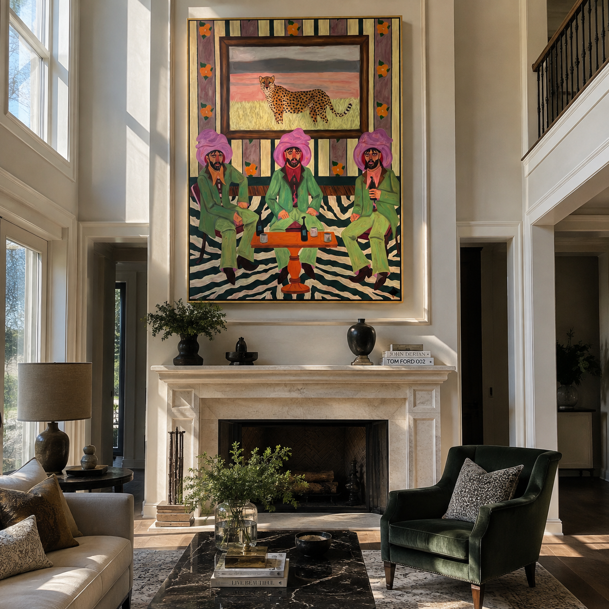 Cheetah Watches Green Company - three cowboys and cheetah painting by Savannah Reed, modern folk art vertical wall art – styled room scene view 5