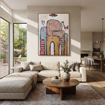 Hats Drift Through Stone - abstract cowboy figures painting by Savannah Reed, modern folk art vertical wall art – styled room scene view 1