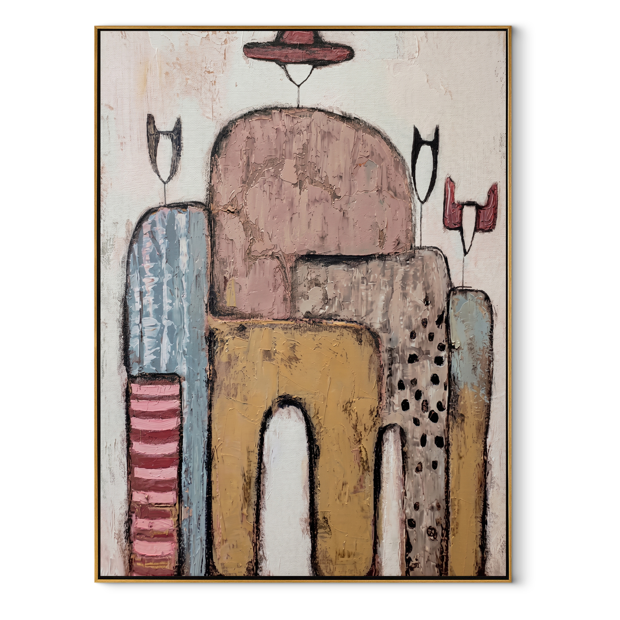 Hats Drift Through Stone - abstract cowboy figures painting by Savannah Reed, modern folk art vertical wall art – wood frame on white background